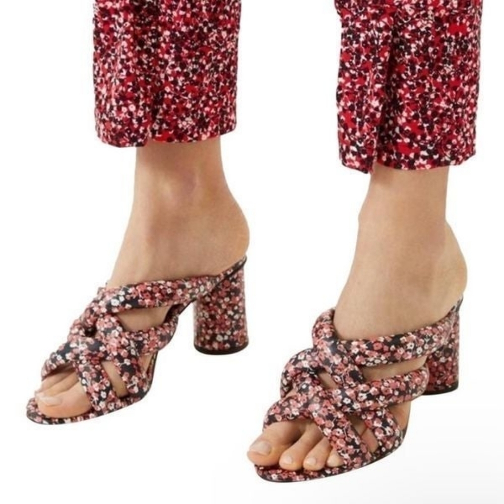 REBECCA MINKOFF Amandine Block Heel Floral Strappy Sandals Mules In Red,Sz.8